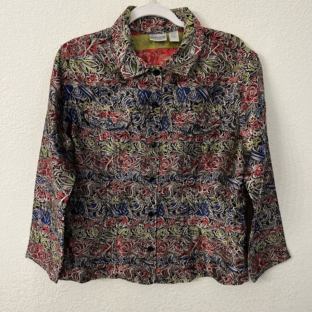 Chico’s silk floral blazer jacket womens size 2